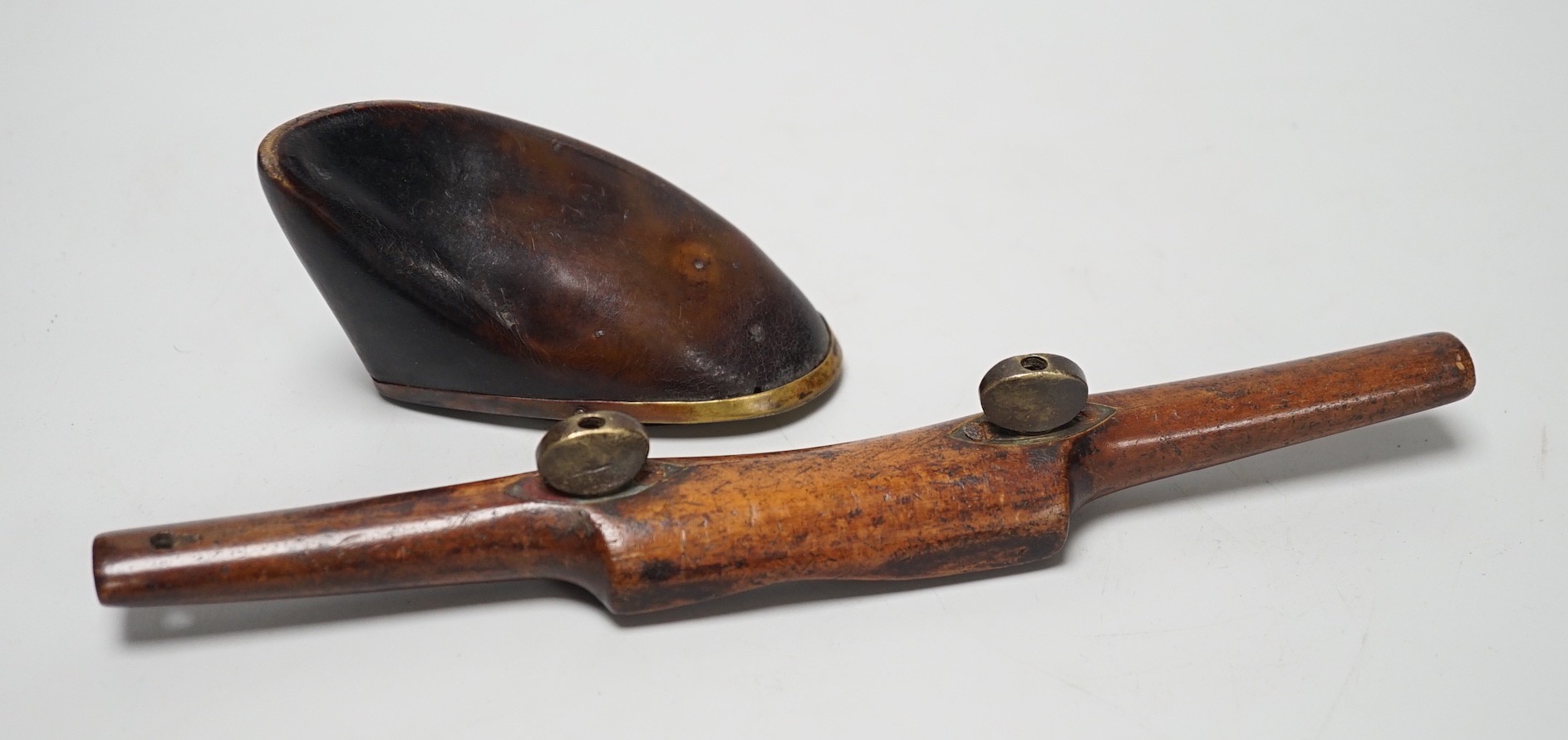 A brass mounted horn snuff box and a small spokeshave. 25cm long